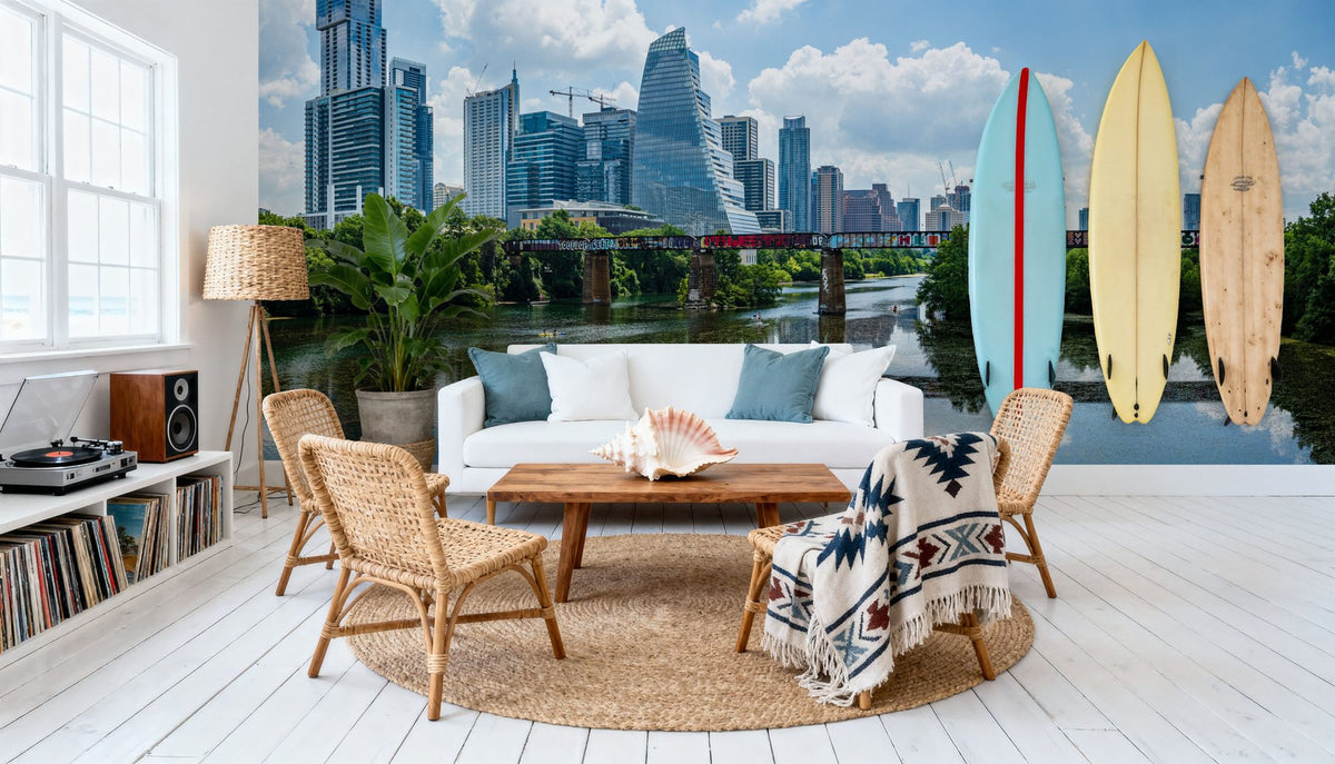 Urban Skyscrapers Blue Sky Reflection Mural Wallpaper - room preview 02