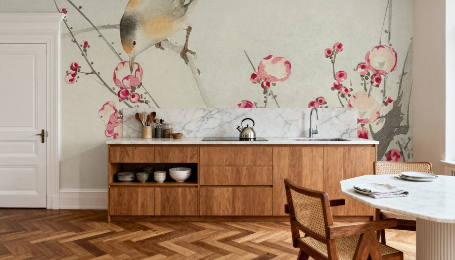 Floral Wallpaper Mural – Flower Wallpaper – Songbird on Blossom Branch