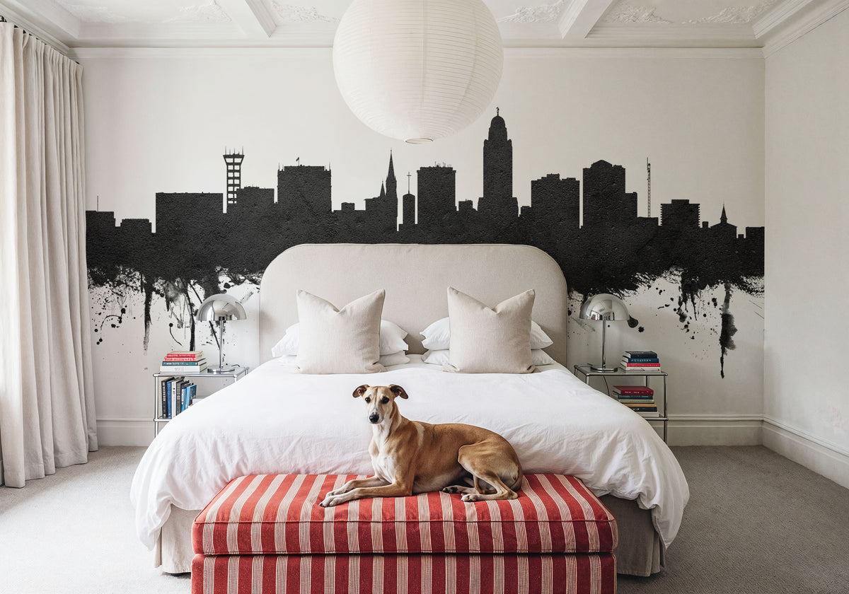 Lincoln Nebraska Skyline Black & White Mural Wallpaper - room preview 02