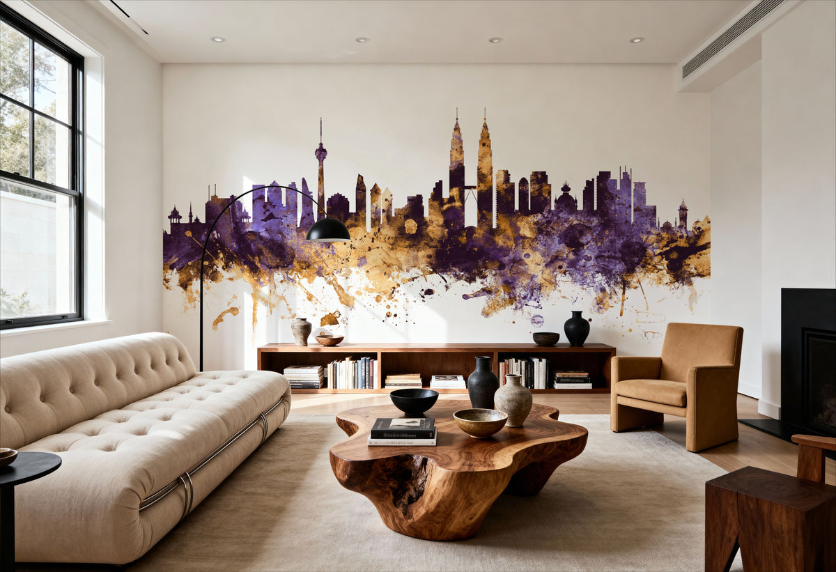 Kuala Lumpur Skyline Purple & Gold Mural Wallpaper - room preview 02
