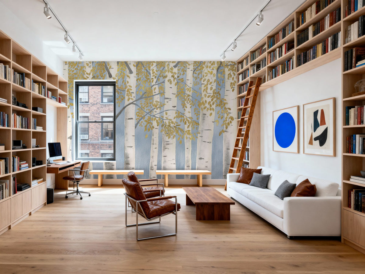 Fresh Forest Light Blue Gold Mural Wallpaper - room preview 02