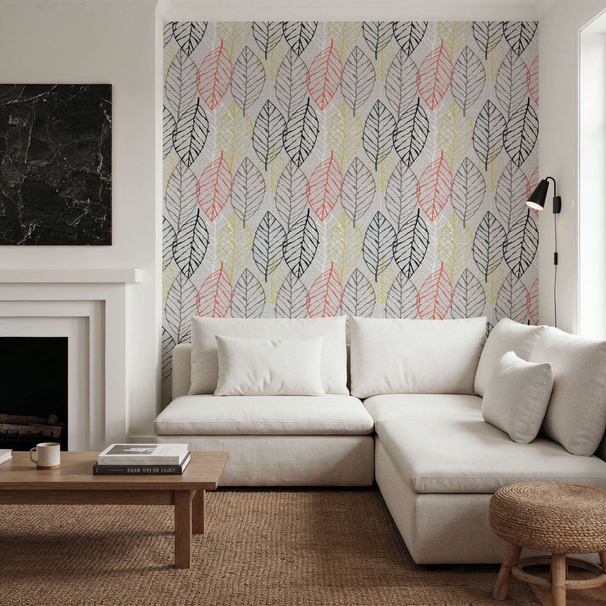 Happy Garden Grey Leaves Mural Wallpaper - room preview 02