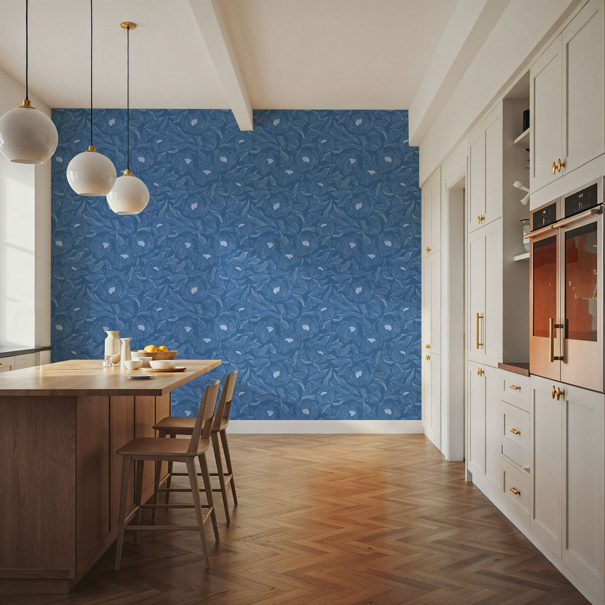 Hidden Peonies, Blue Mural Wallpaper - room preview 02