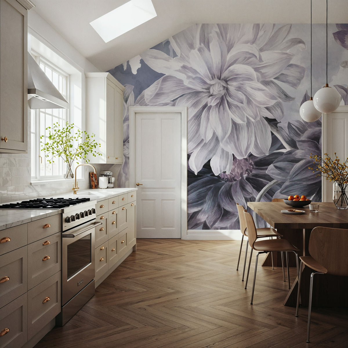 Focus on the Dahlia Gray Mural Wallpaper - room preview 02