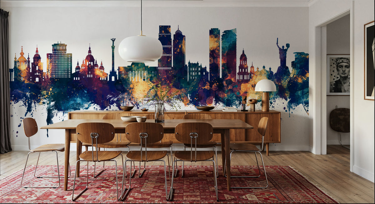 Kyiv Ukraine Skyline Blue & Bronze Mural Wallpaper - room preview 02