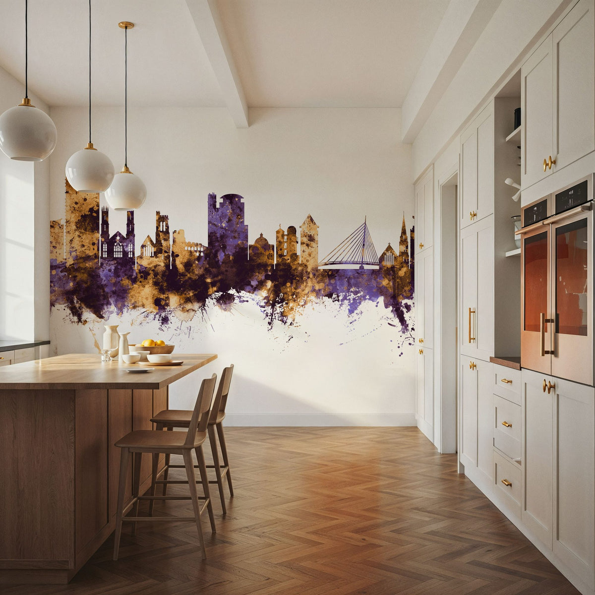 Swansea Wales Skyline Purple & Gold Mural Wallpaper - room preview 02