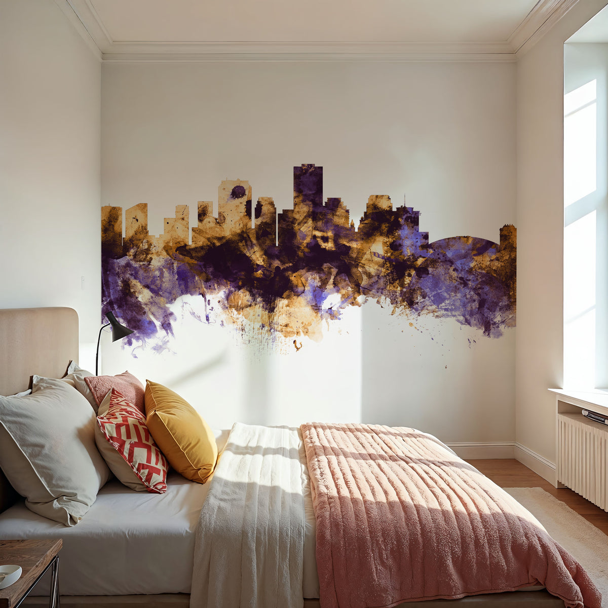 New Orleans Louisiana Skyline Purple & Gold Mural Wallpaper - room preview 02
