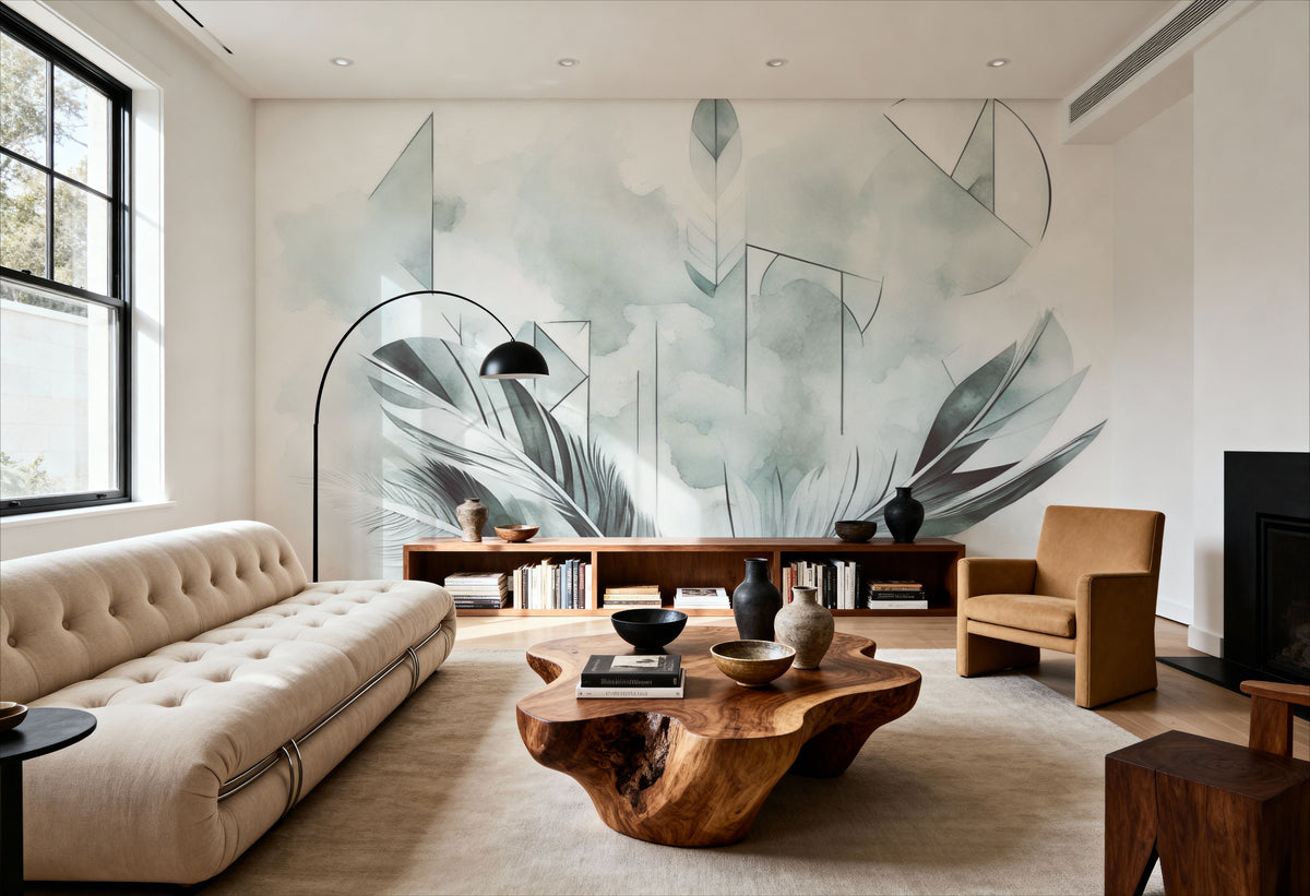 Feather Geometry Teal Mural Wallpaper - room preview 02