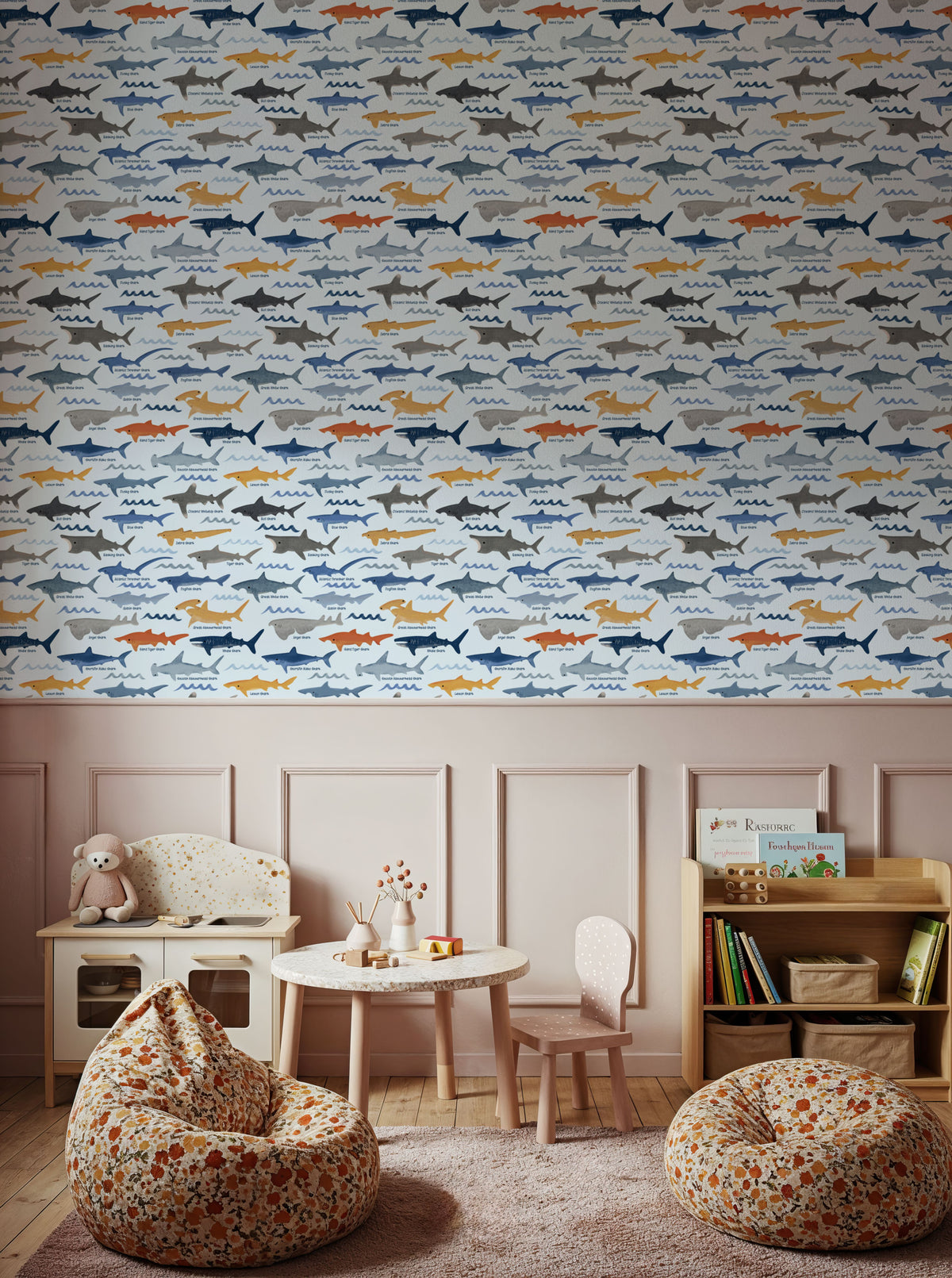 Sharks of the World Pattern Mural Wallpaper - room preview 02