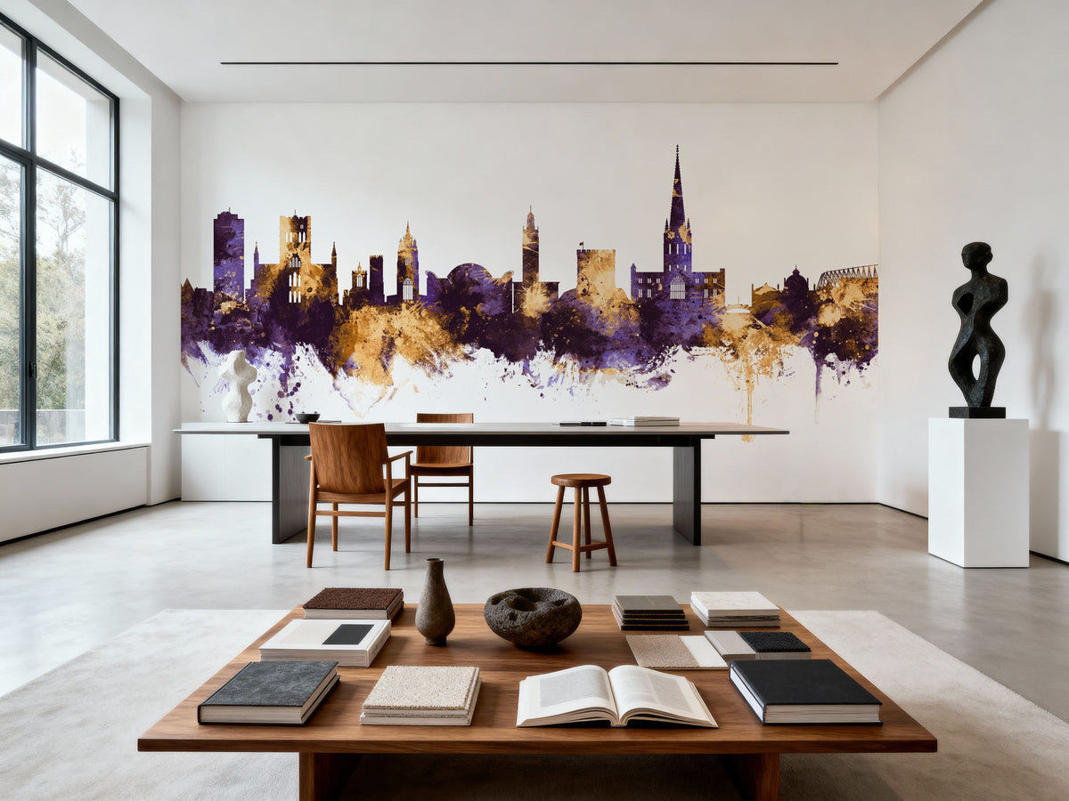Norwich England Skyline Purple & Gold Mural Wallpaper - room preview 02