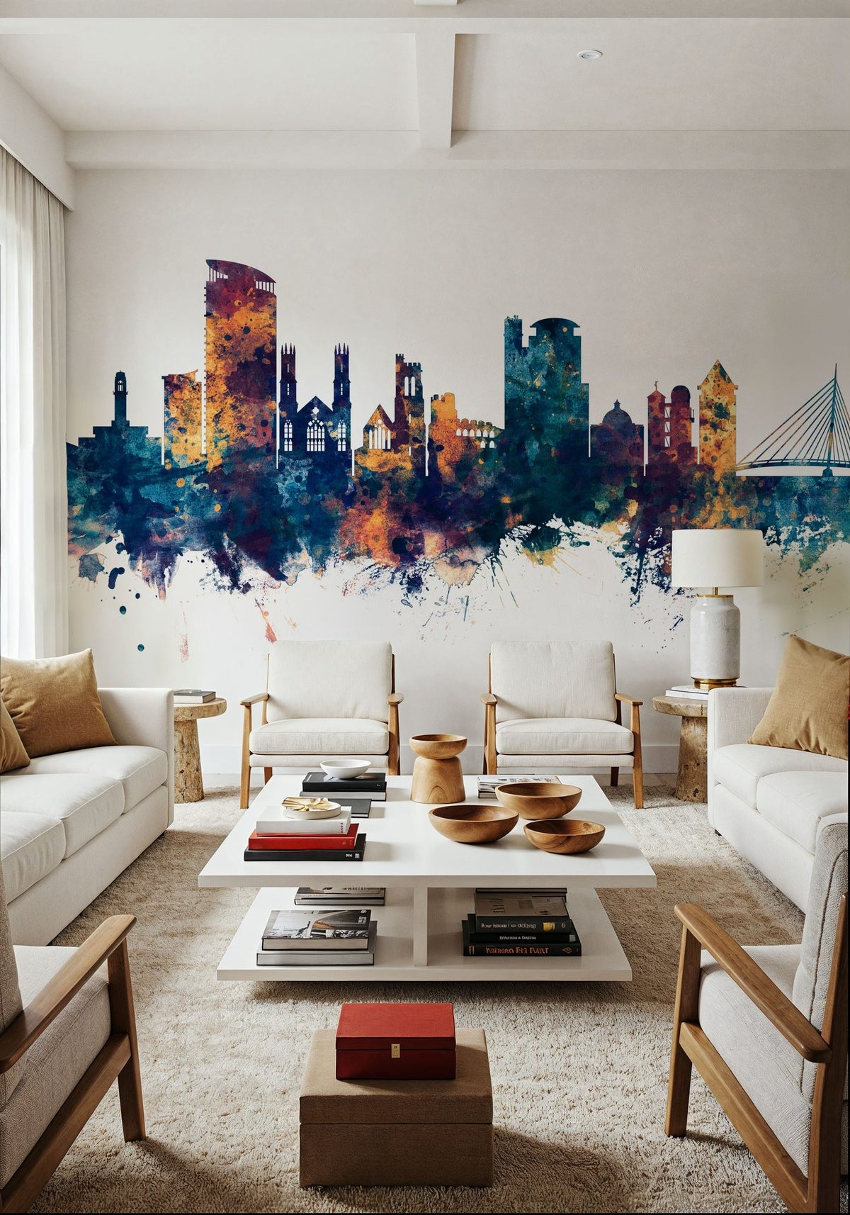 Swansea Wales Skyline Blue & Bronze Mural Wallpaper - room preview 02