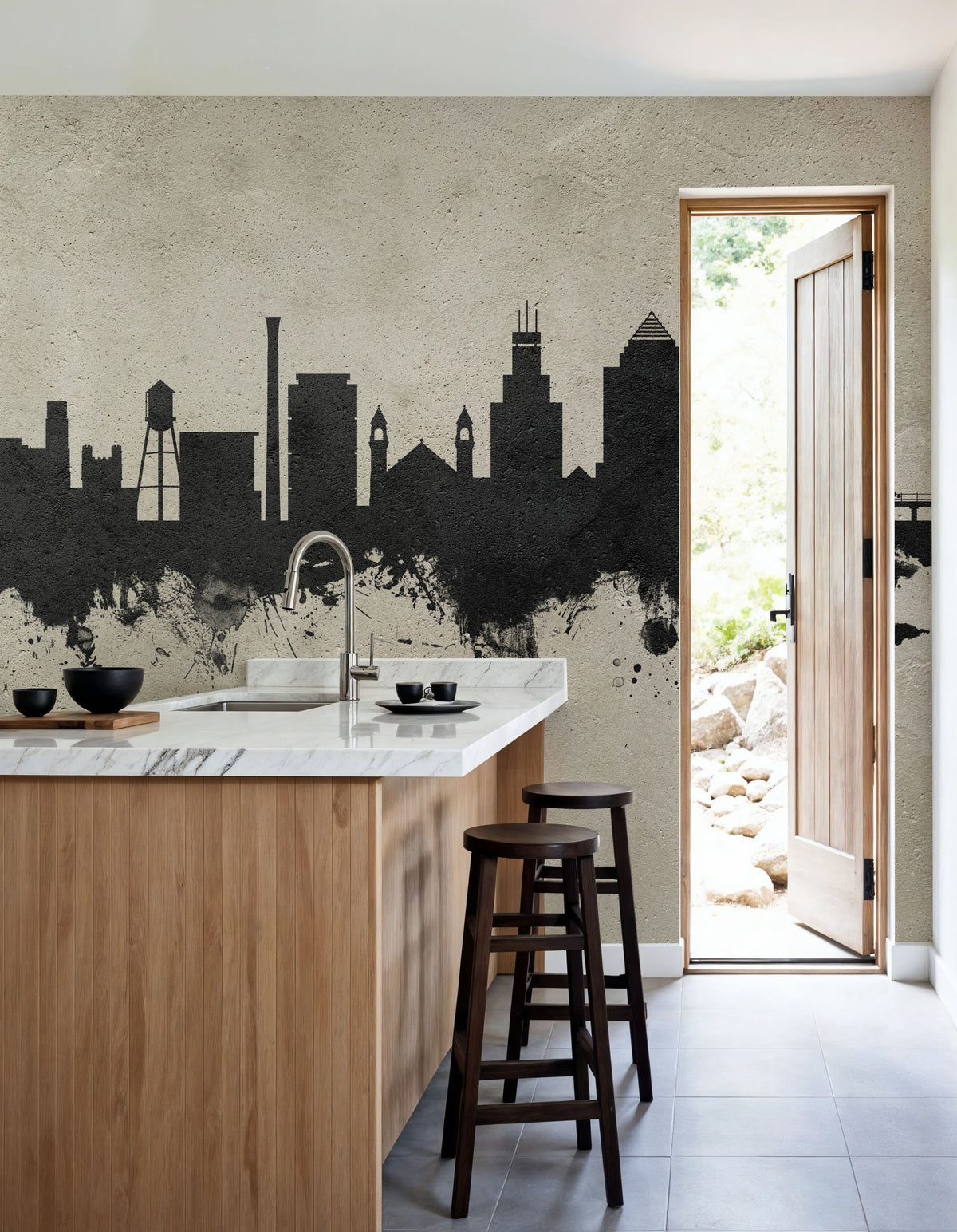 Durham North Carolina Skyline Concrete Mural Wallpaper - room preview 02
