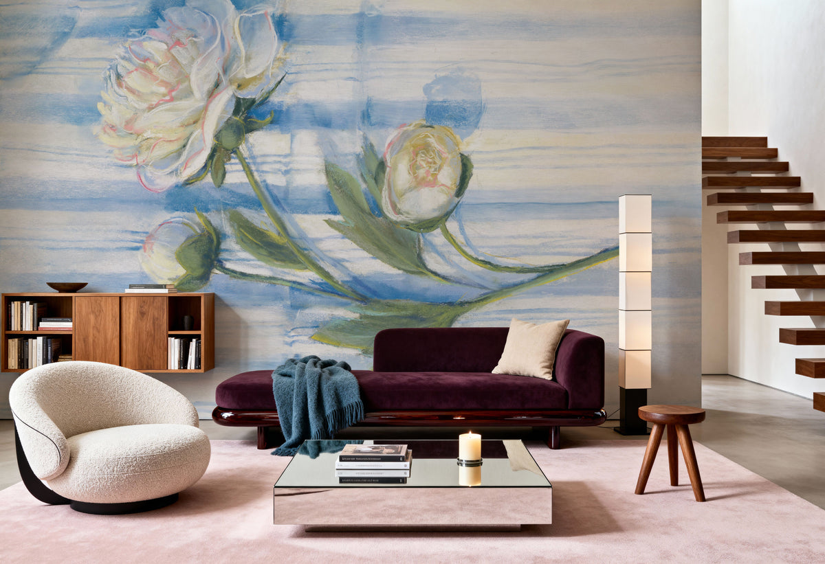 Peony on Blue Stripe Mural Wallpaper - room preview 02