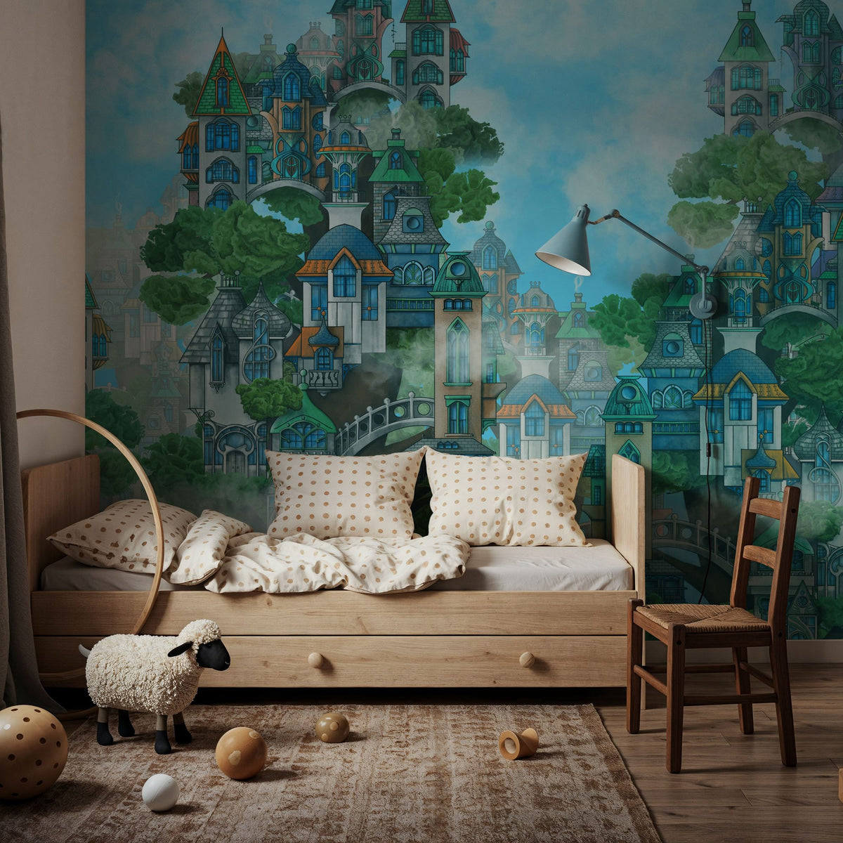 Treehouse Neighborhood Cool Bright Mural Wallpaper - room preview 02
