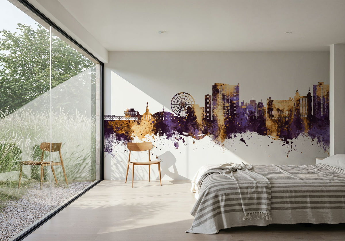 Myrtle Beach South Carolina Skyline Purple & Gold Mural Wallpaper - room preview 02