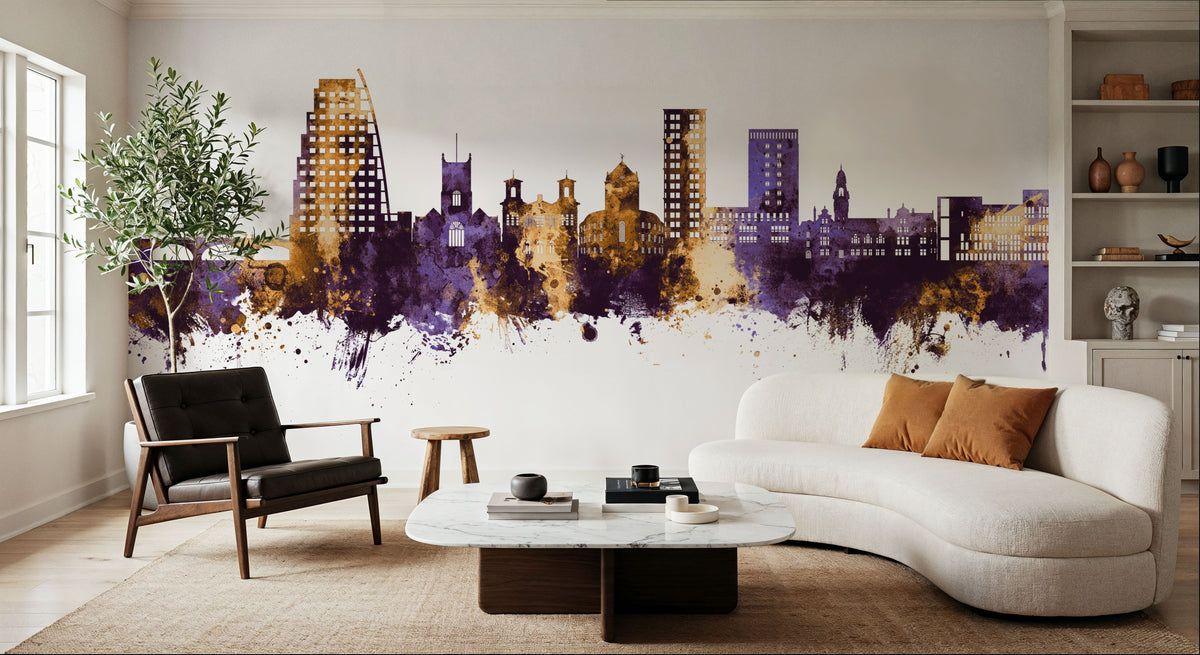 Kingston Upon Thames England Skyline Purple & Gold Mural Wallpaper - room preview 02