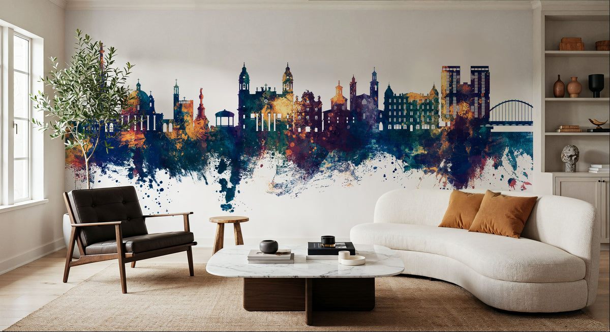 Pamplona Spain Skyline Blue & Bronze Mural Wallpaper - room preview 02