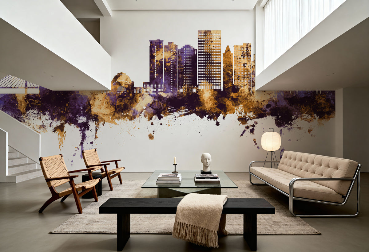 Tacoma Washington Skyline Purple & Gold Mural Wallpaper - room preview 02