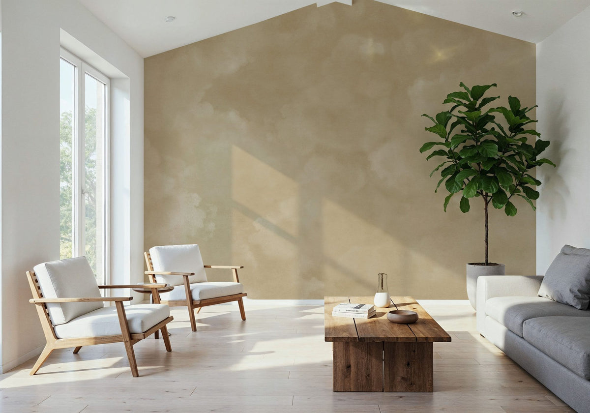 Painted Dreamy Clouds, Butter Yellow Mural Wallpaper - room preview 02
