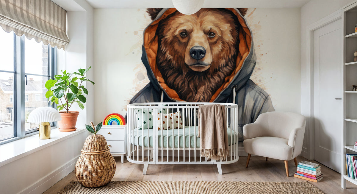 Watercolor Cartoon Grizzly Bear in a Hoodie Mural Wallpaper - room preview 02