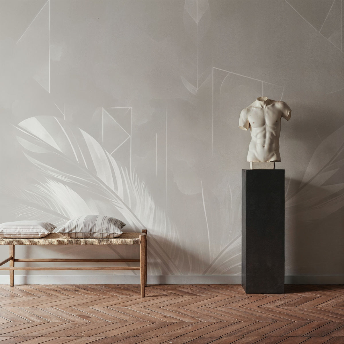 Solid Feather Geometry Beige Mural Wallpaper - room preview 02