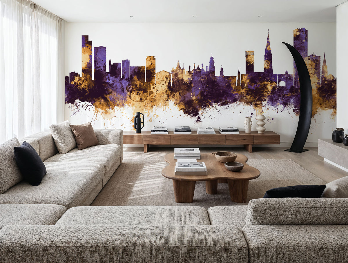 Leicester England Skyline Purple & Gold Mural Wallpaper - room preview 02