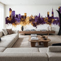Leicester England Skyline Purple & Gold Mural Wallpaper - room preview 02