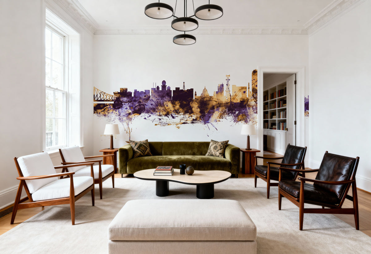 Kolkata (Calcutta) India Skyline Purple & Gold Mural Wallpaper - room preview 02