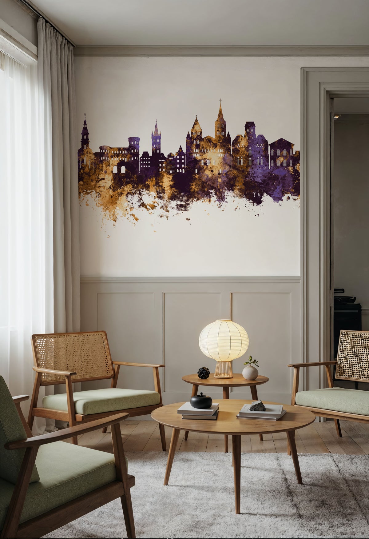 Trier Germany Skyline Purple & Gold Mural Wallpaper - room preview 02