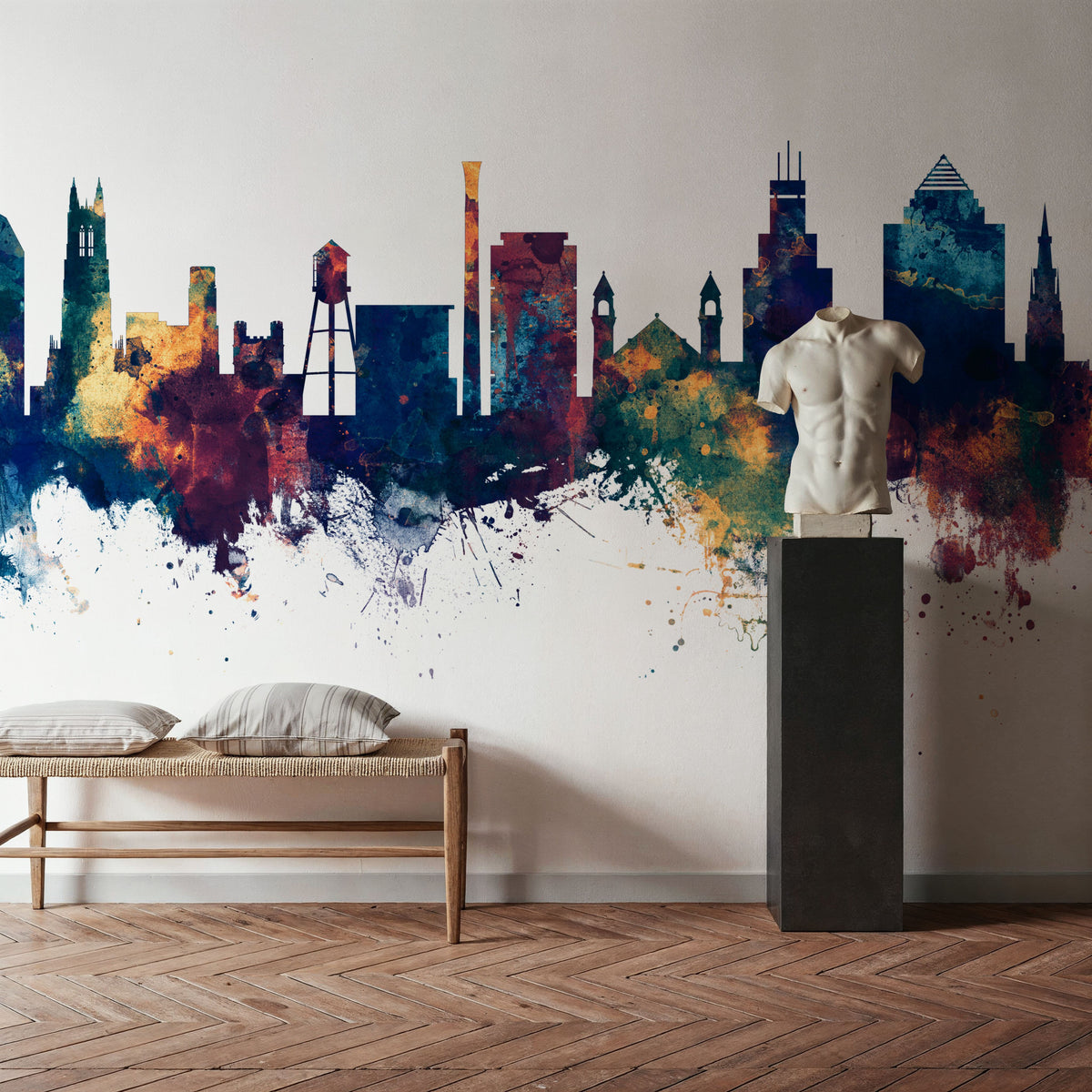 Durham North Carolina Skyline Blue & Bronze Mural Wallpaper - room preview 02