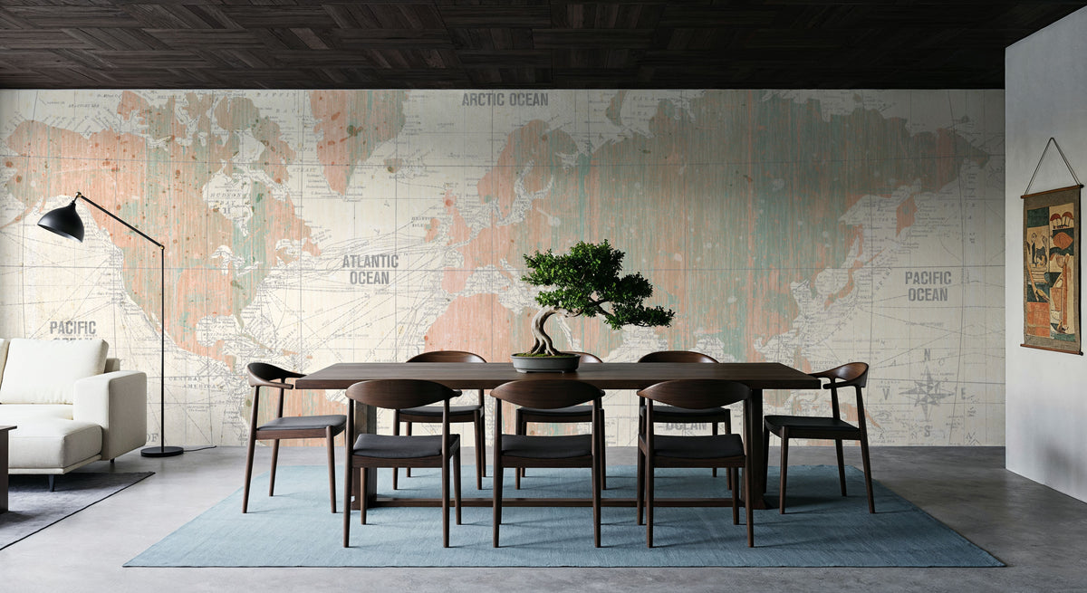 Old World Map Blush and Mint Mural Wallpaper - room preview 02