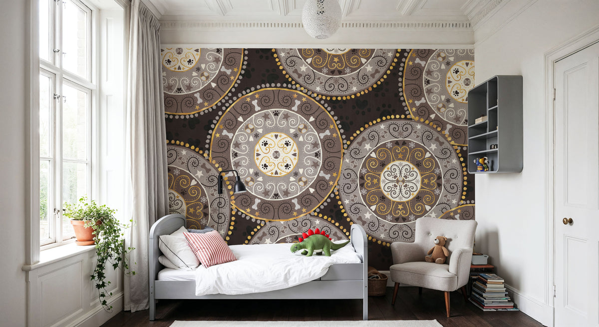 Otomi Dogs VI Dark Neutral Mural Wallpaper - room preview 02