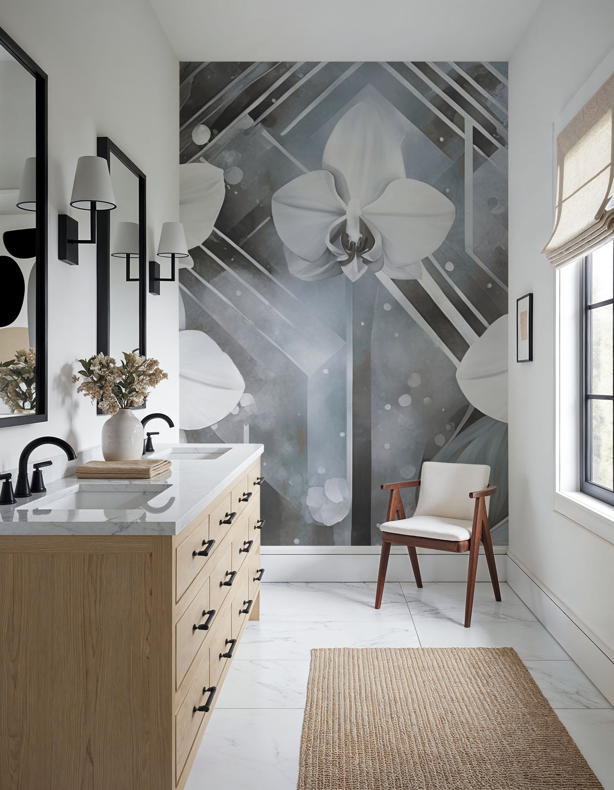 Geometry and Orchids Blue Mural Wallpaper - room preview 02