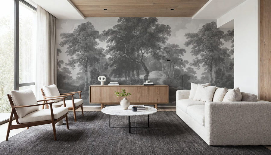 Forest Wallpaper Mural – Woodland Wall Mural – Historic Lands, Stone Gray