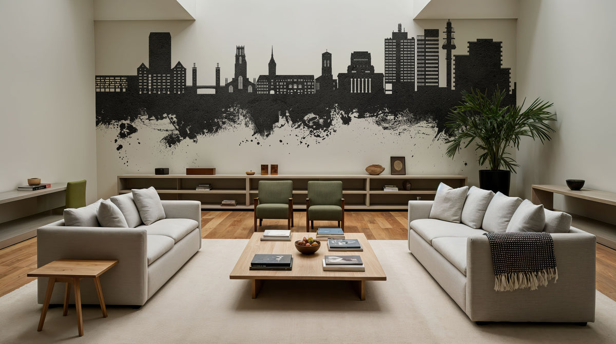 Duisburg Germany Skyline Black & White Mural Wallpaper - room preview 02