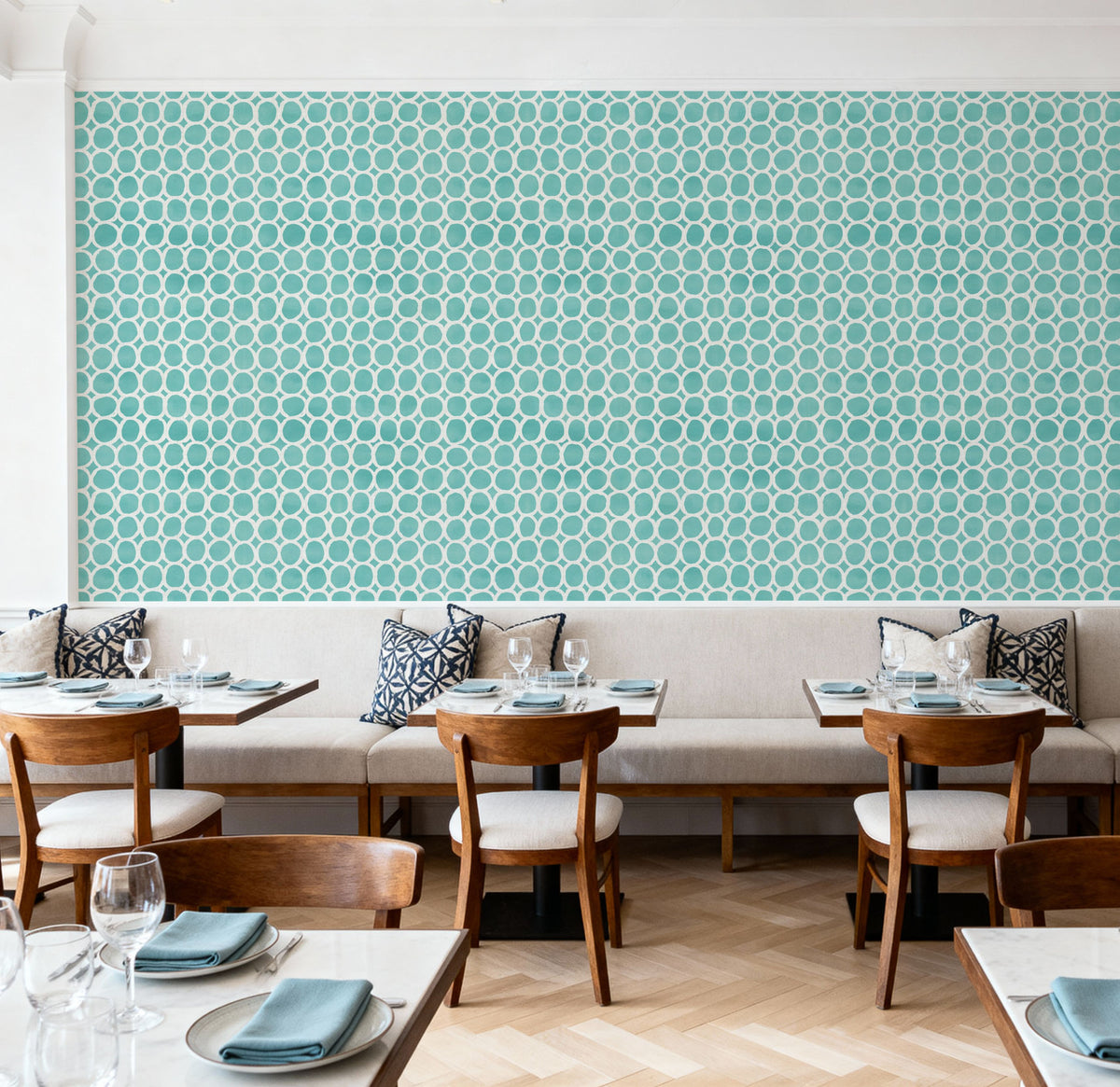 Mixed Turqouise Circles Inverse Mural Wallpaper - room preview 02