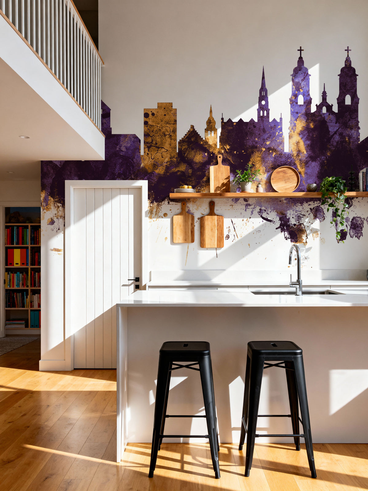 St Gallen Switzerland Skyline Purple & Gold Mural Wallpaper - room preview 02