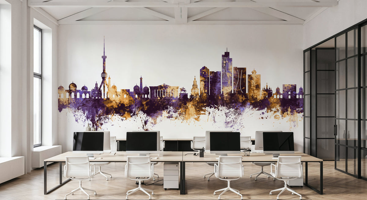 Tashkent Uzbekistan Skyline Purple & Gold Mural Wallpaper - room preview 02