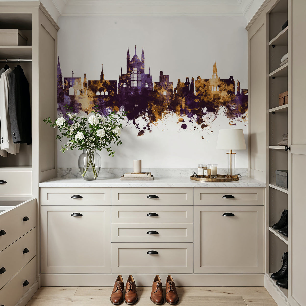 Winchester England Skyline Purple & Gold Mural Wallpaper - room preview 02