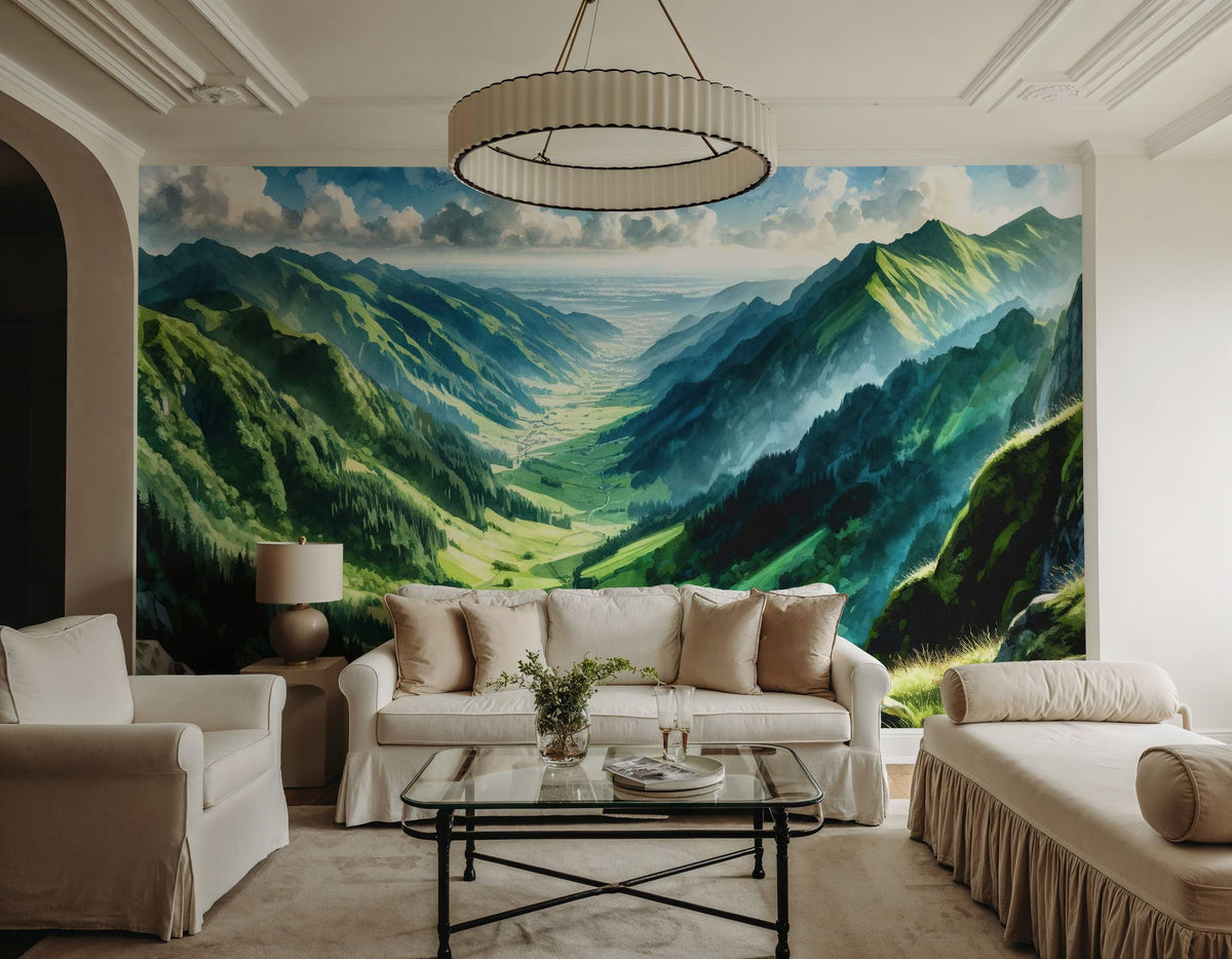 Expansive Mountain Valley Landscape Mural Wallpaper - room preview 02