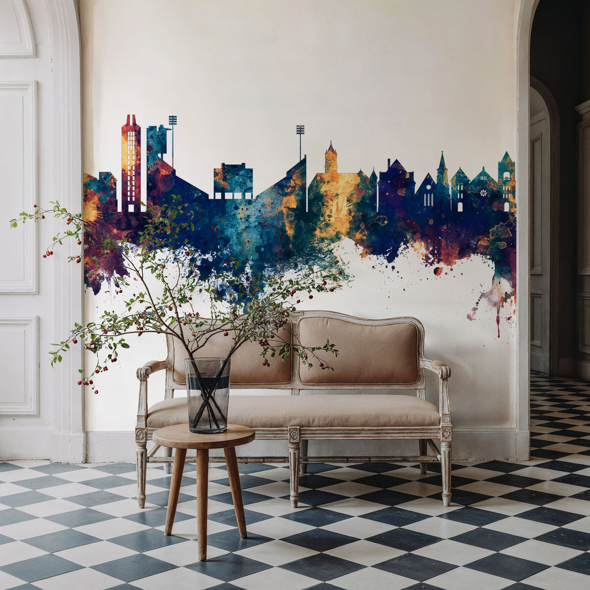 Lawrence Kansas Skyline Blue & Bronze Mural Wallpaper - room preview 02