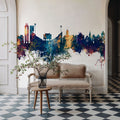 Lawrence Kansas Skyline Blue & Bronze Mural Wallpaper - room preview 02