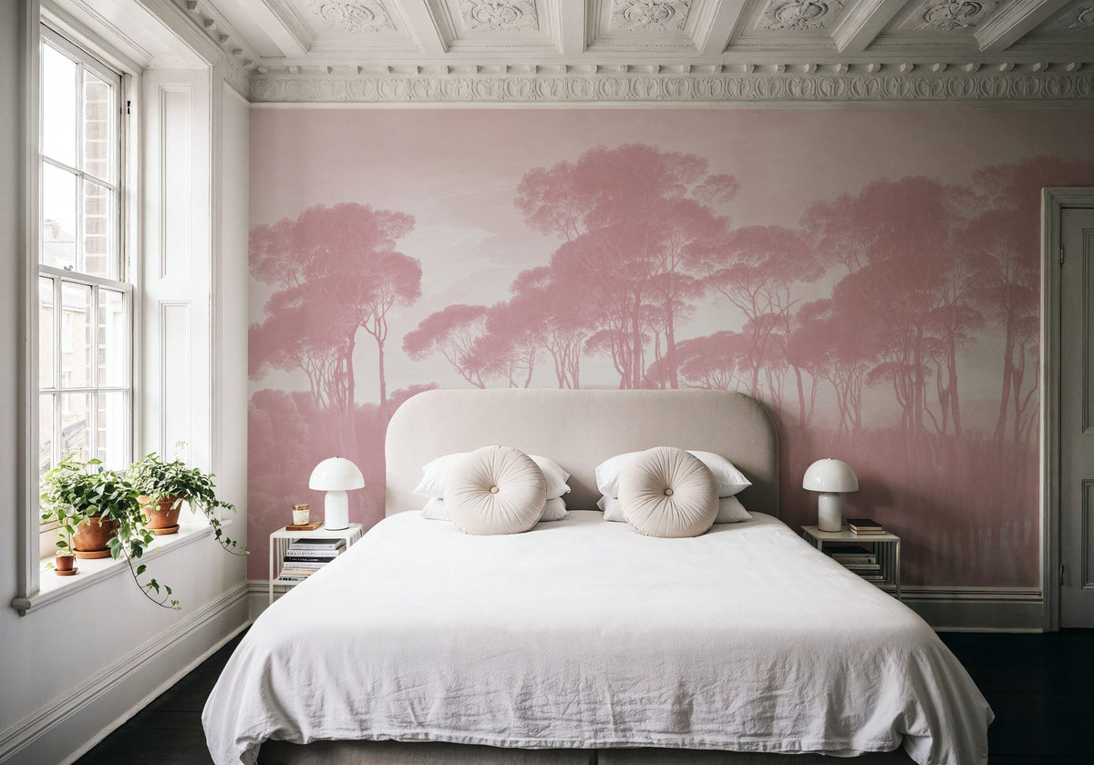Mediterranean Pine Landscape, Dusty Pink Mural Wallpaper - room preview 02