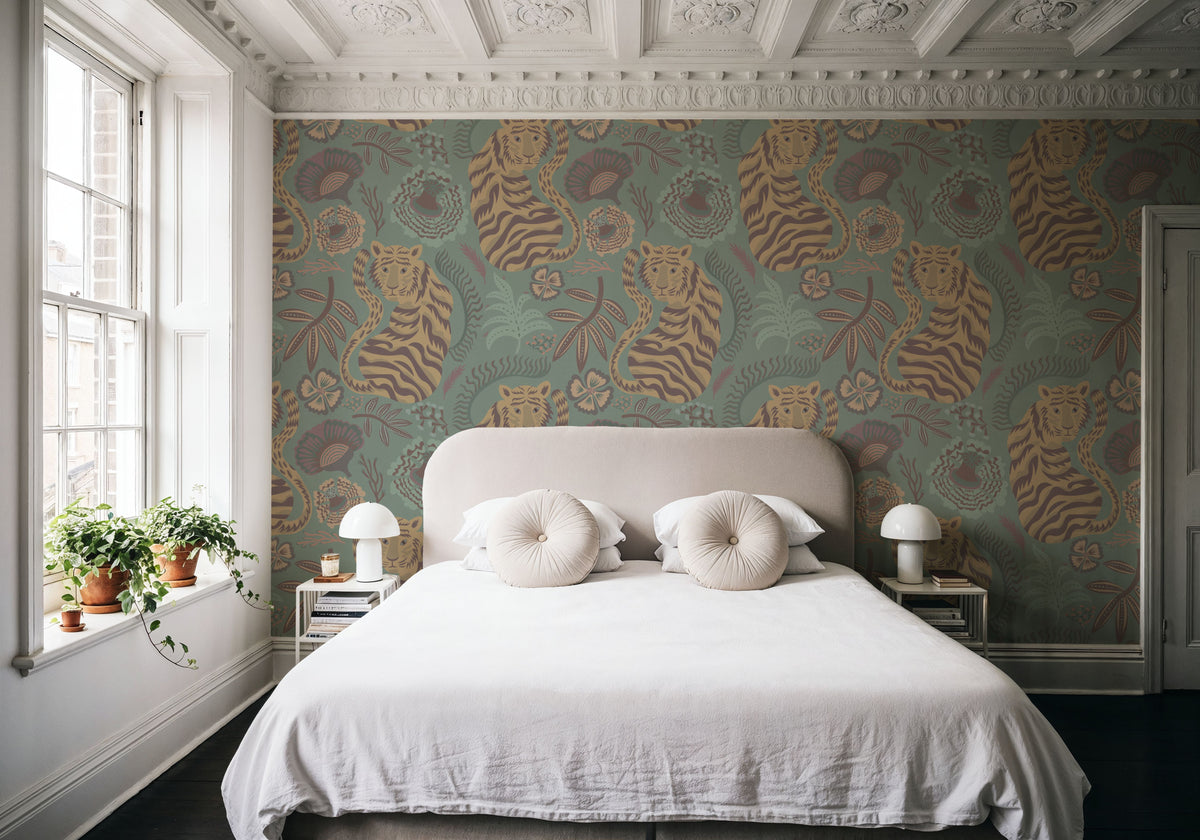 Painterly Tigers Mint Mural Wallpaper - room preview 02