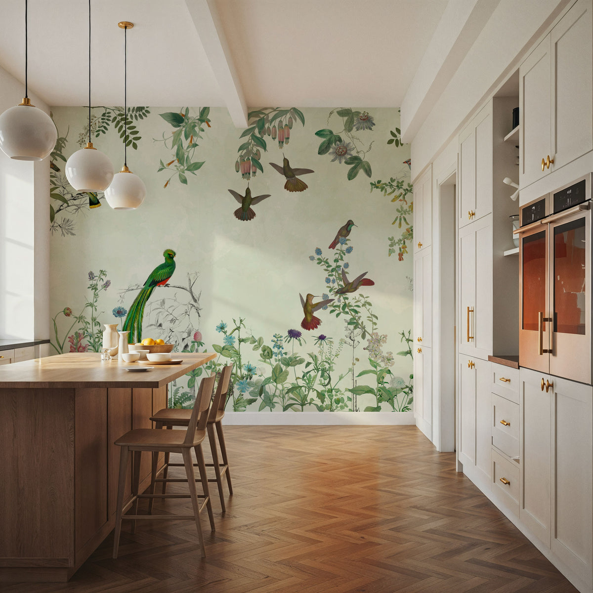 Fields of Birds and Flowers Mural Wallpaper - Neutral Tone - room preview 02
