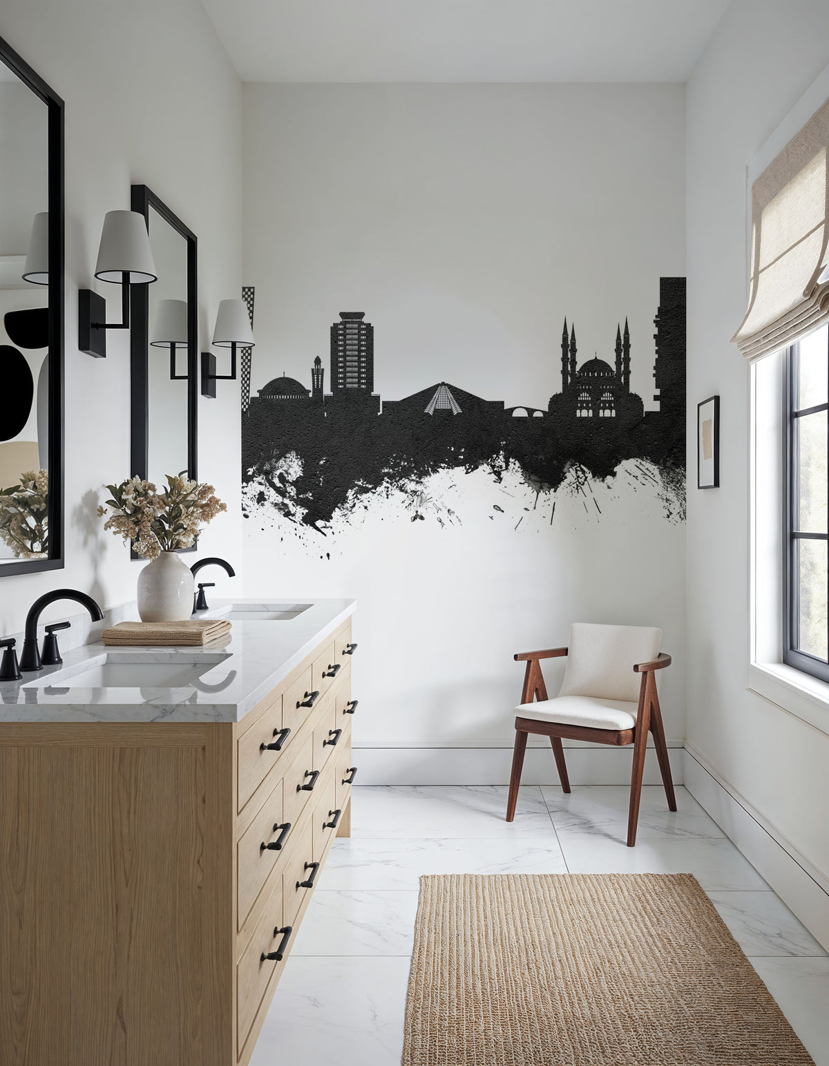 Tirana Skyline Black & White Mural Wallpaper - room preview 02