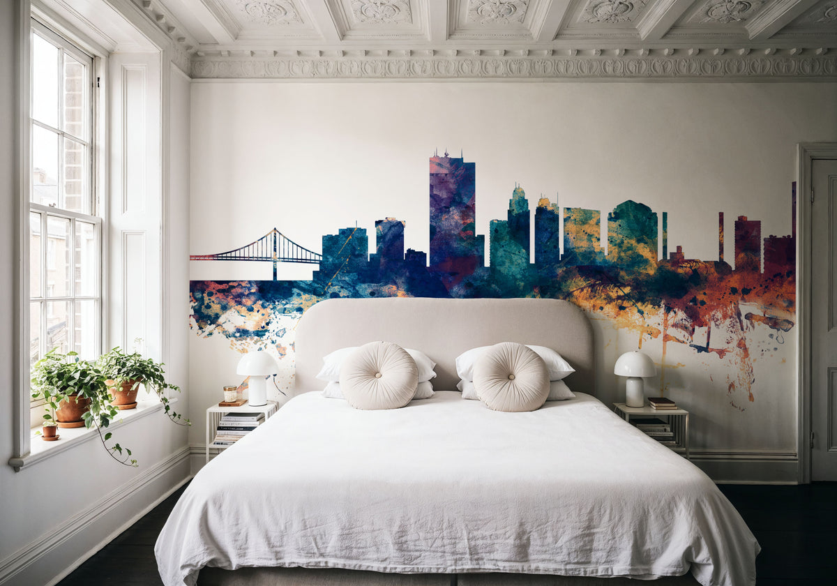 Toledo Ohio Skyline Blue & Bronze Mural Wallpaper - room preview 02