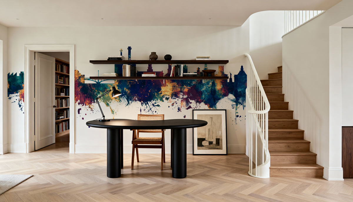 Iowa City Skyline Blu & Bronze Mural Wallpaper - room preview 02