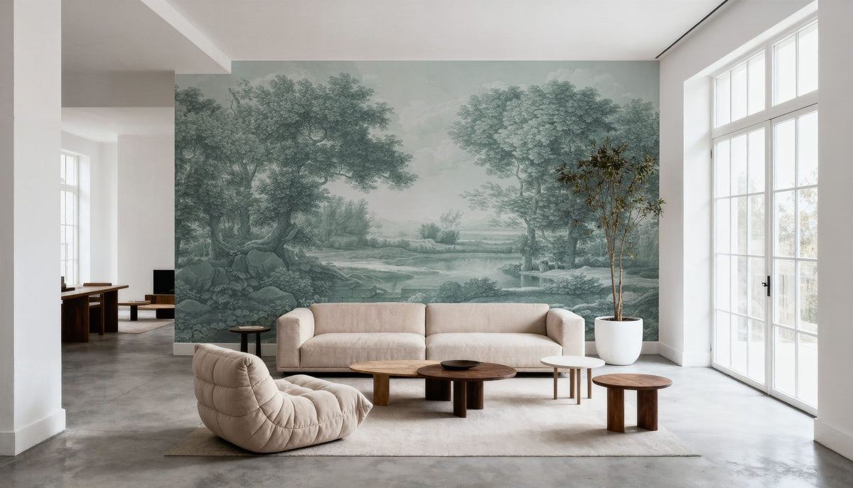 Riverbank Oak Landscape, Forest Green Mural Wallpaper - room preview 02
