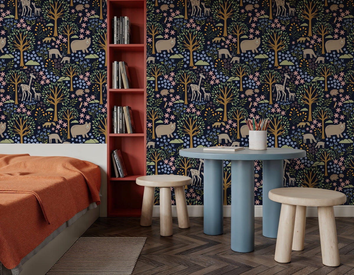 Forest Surprise, Navy Mural Wallpaper - room preview 02